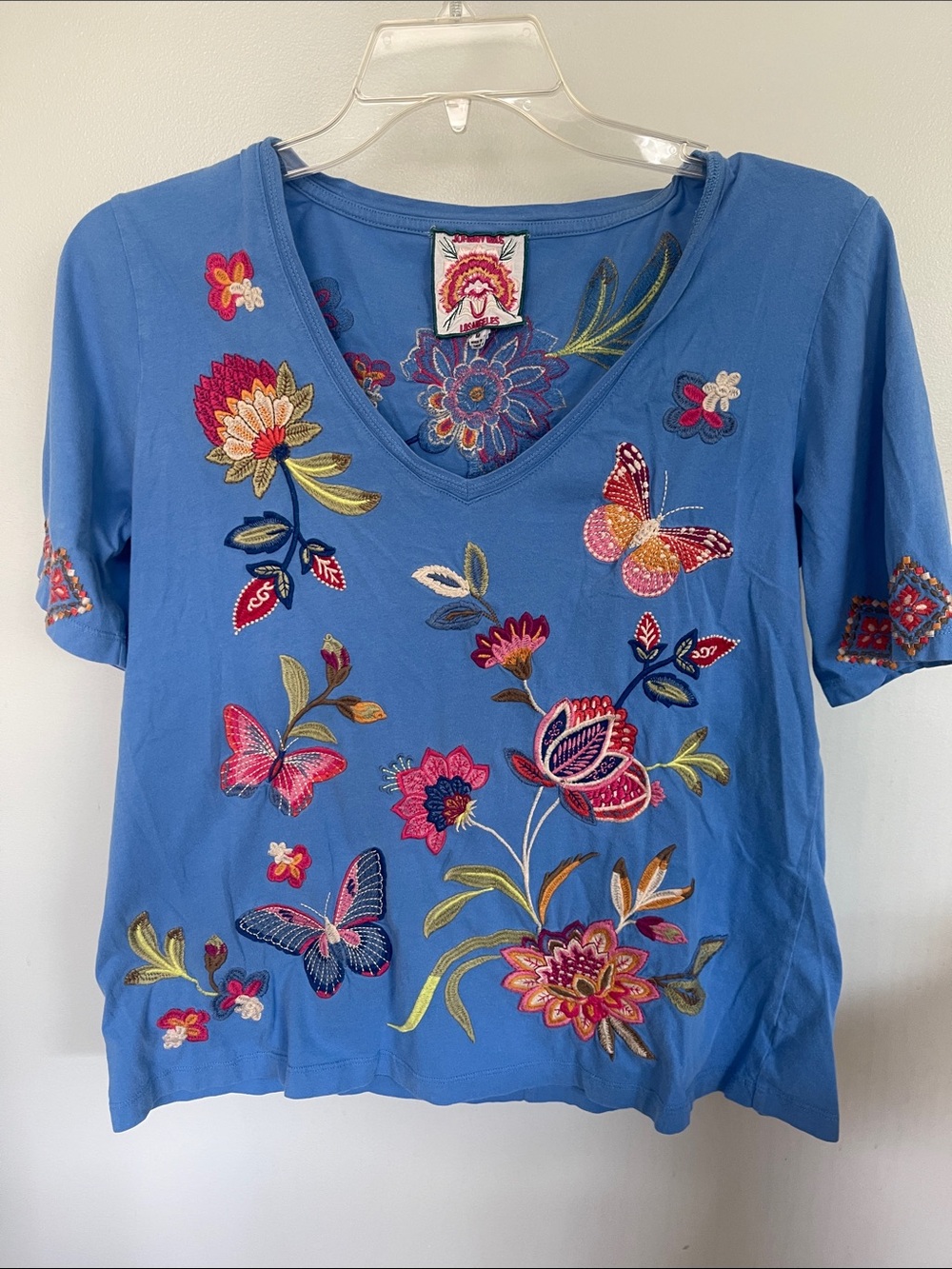 Johnny Was Blue V-Neck Embroidered Floral & Butterfly Tee